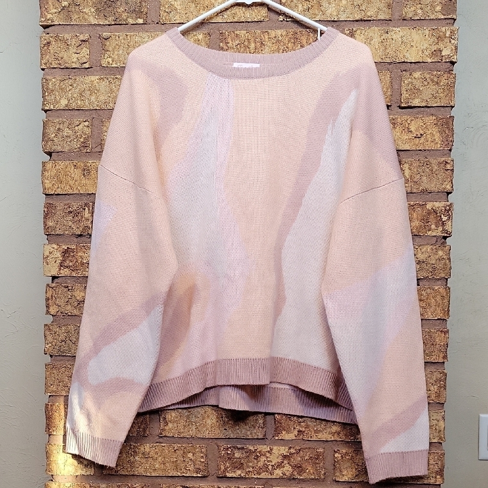 Pink Lily Colorblock Abstract Knit Oversized Crewneck Sweater Size Large Cozy